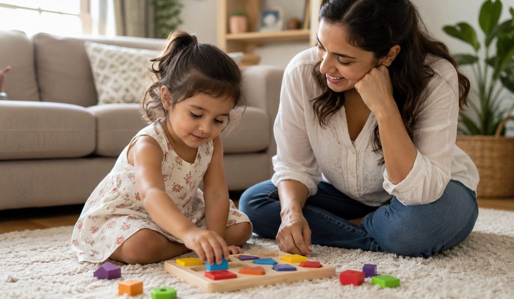 ילדה משחקת במשחק התאמת צורות לפיתוח חשיבה בגיל הרך