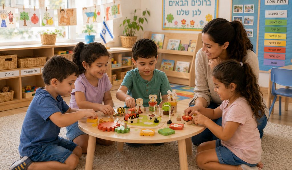 ילדים בגן ילדים משחקים בשולחן פעילות מאתר דניאלי לגן